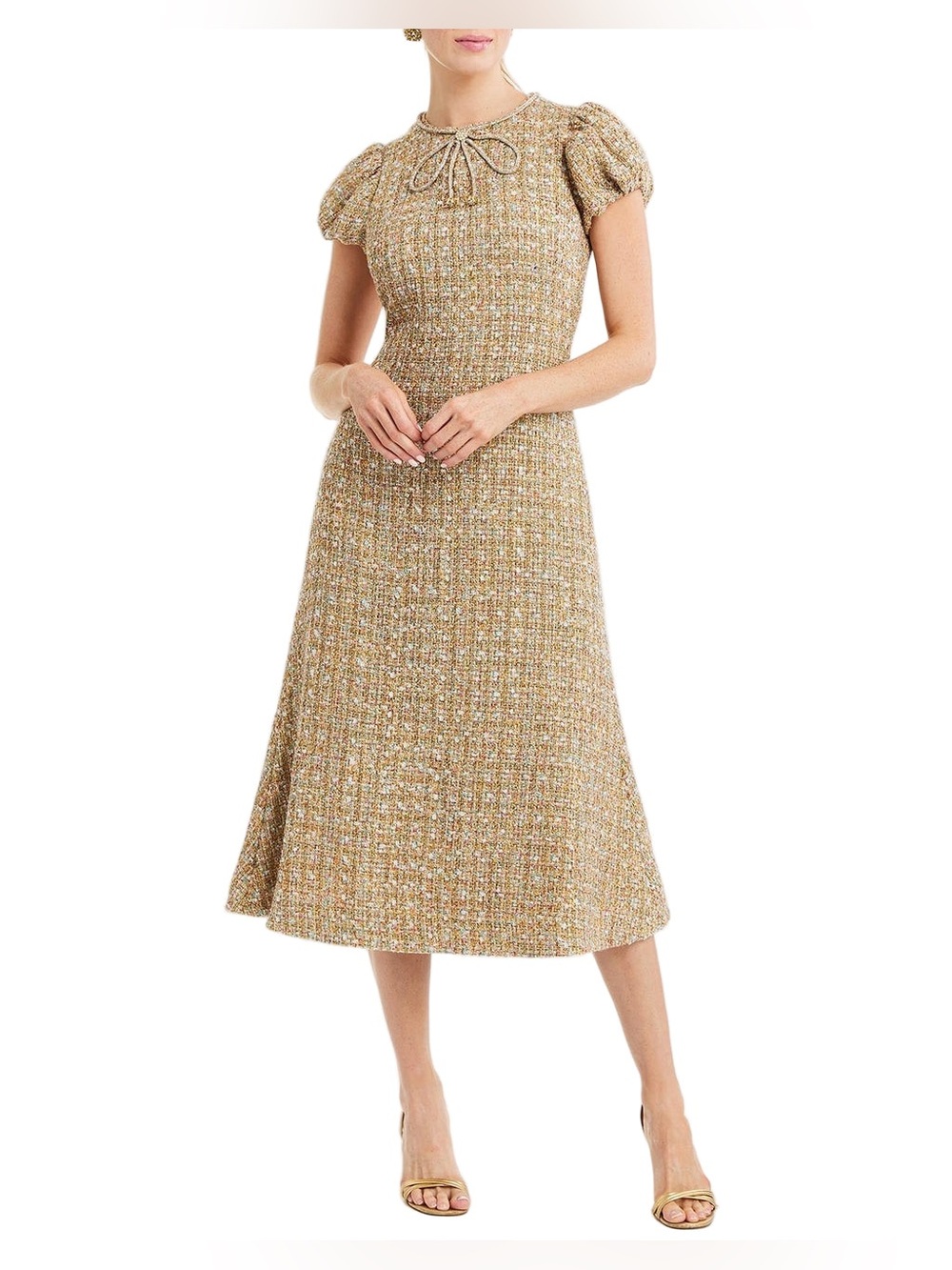 ✨Mestiza New York Gold ✨Tweed Puff-Sleeve Midi Dress- SOLD OUT